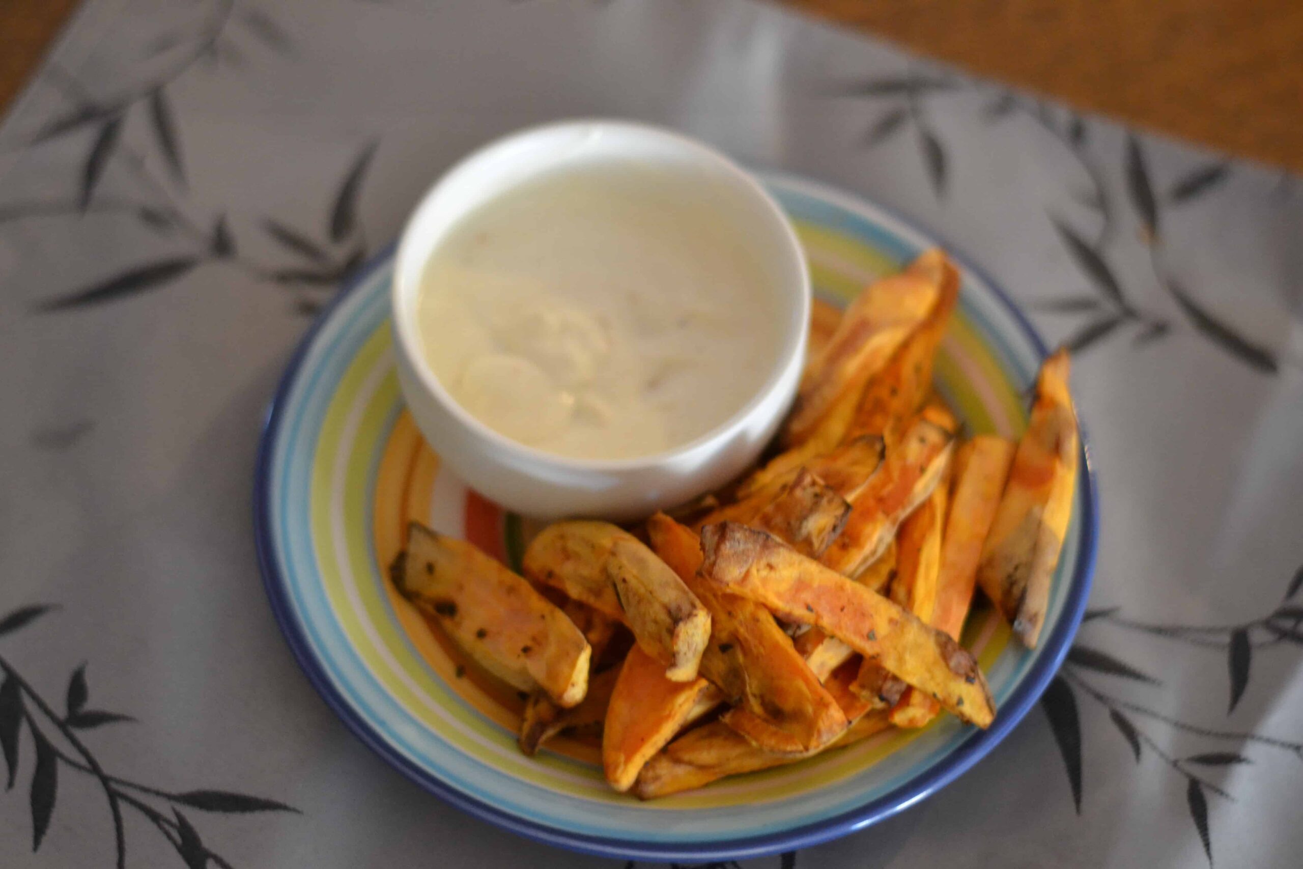 Mediterranean Air Fried Japanese Sweet Potato Fries with Yogurt