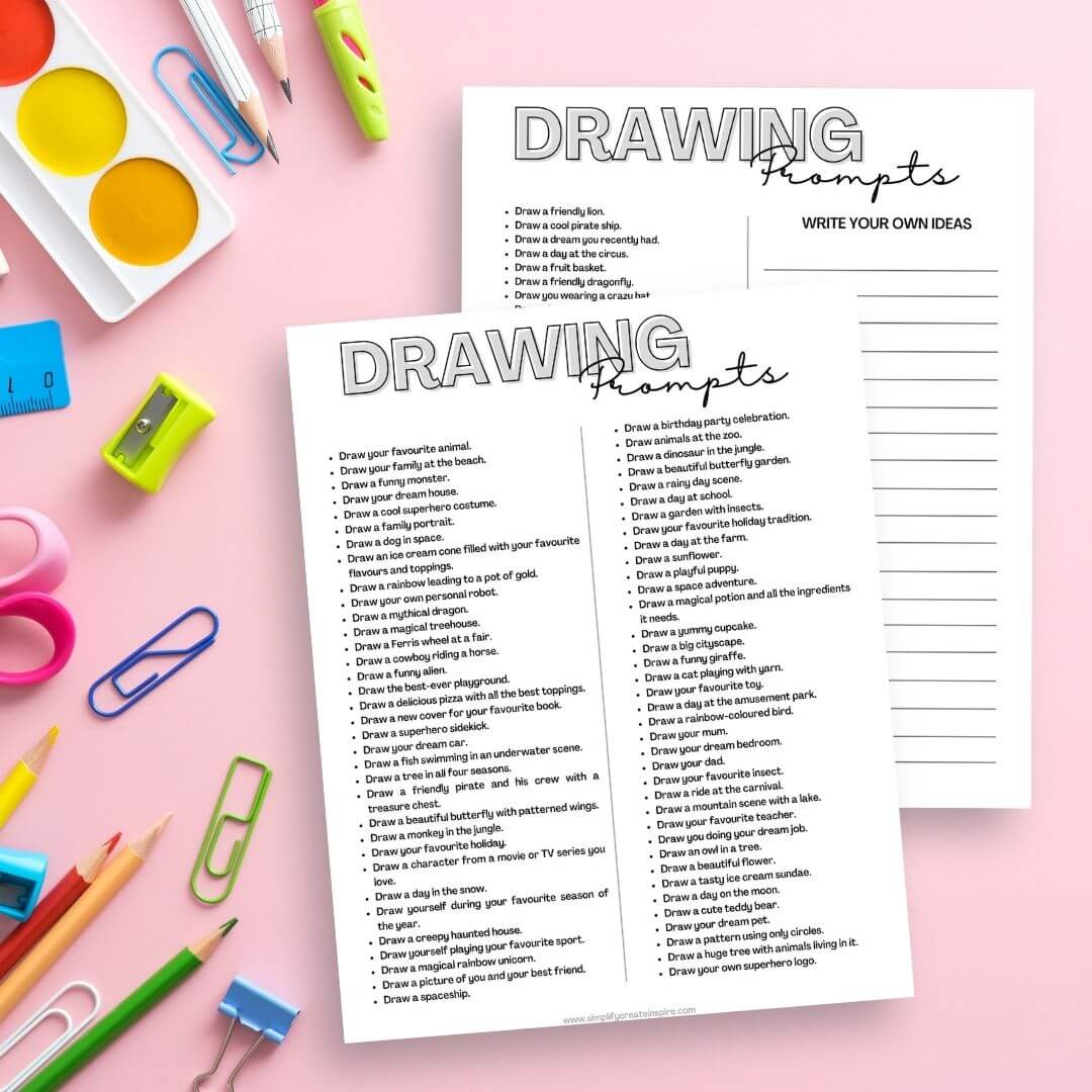 Free printable drawing prompt ideas list on pink background with art supplies.
