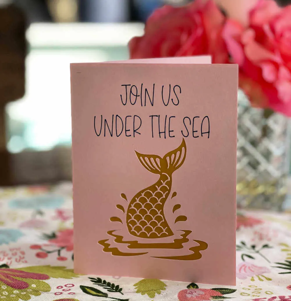 Mermaid birthday party invitation made using cricut insert cards.