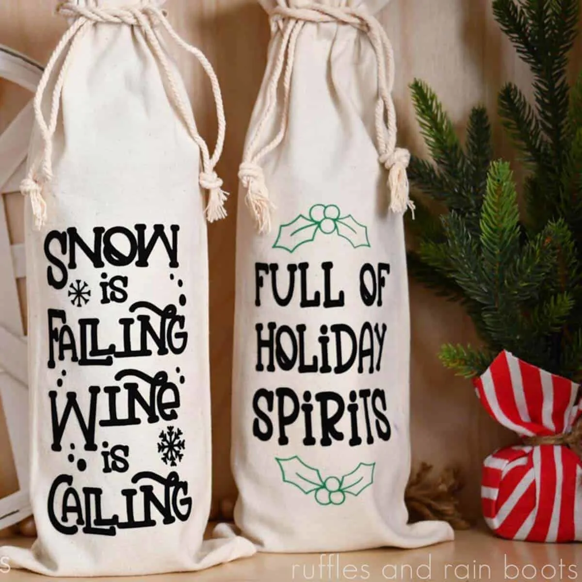 Christmas wine bottle bags personalised with flocked vinyl.