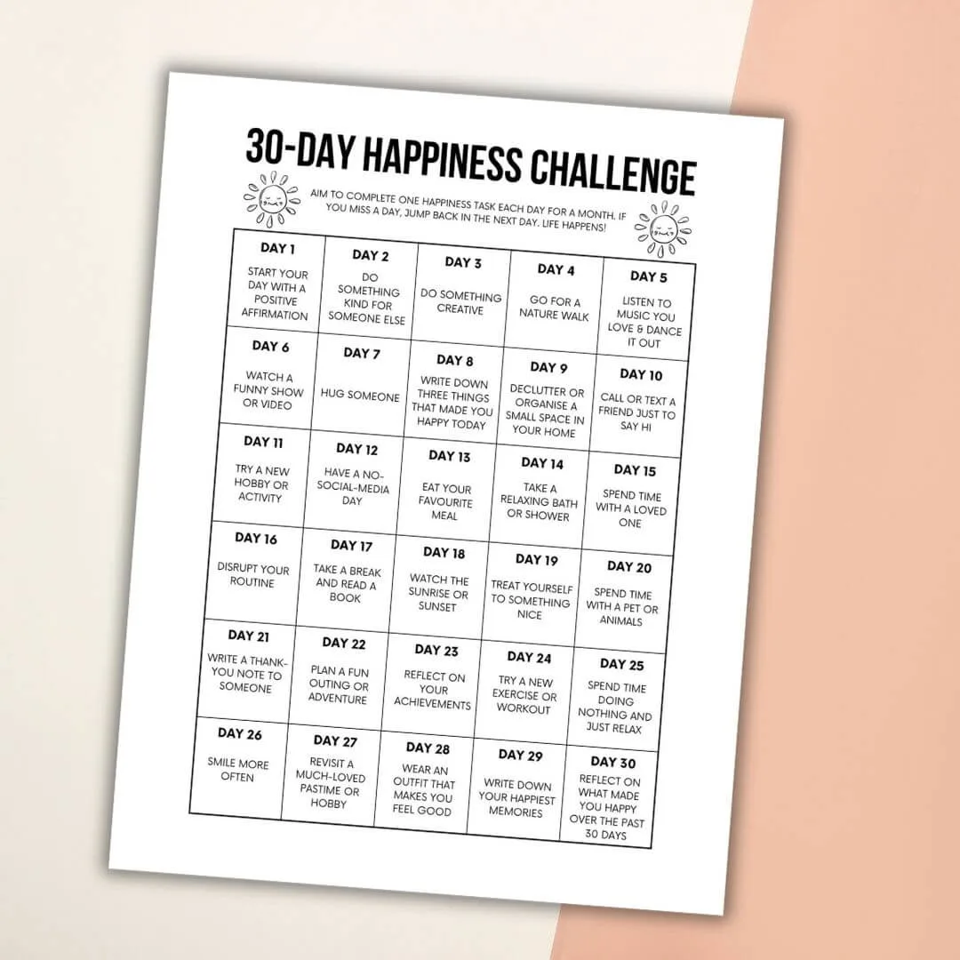 Free printable 30-day happiness challenge.
