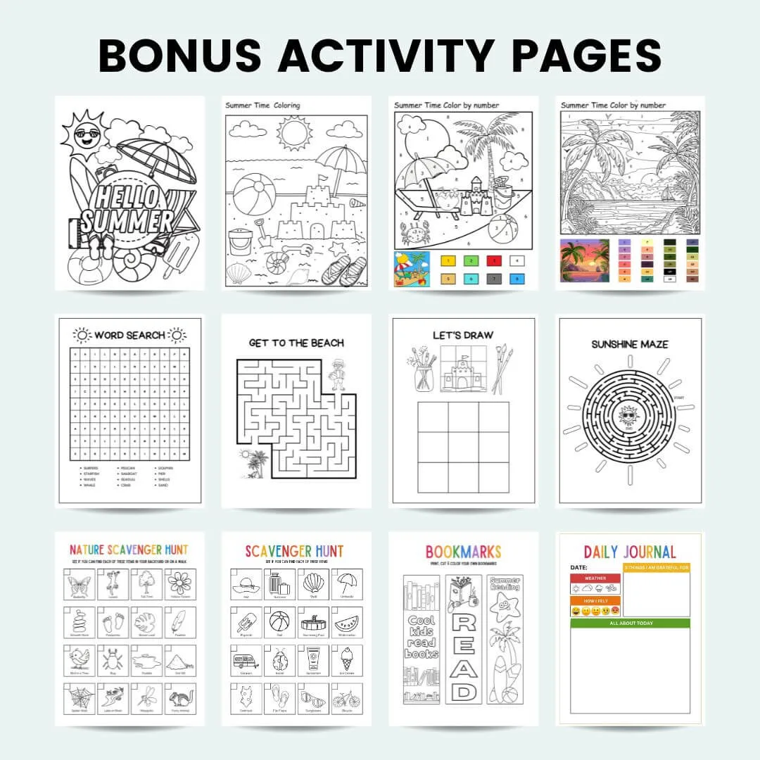 Printable summer coloring pages and activities.
