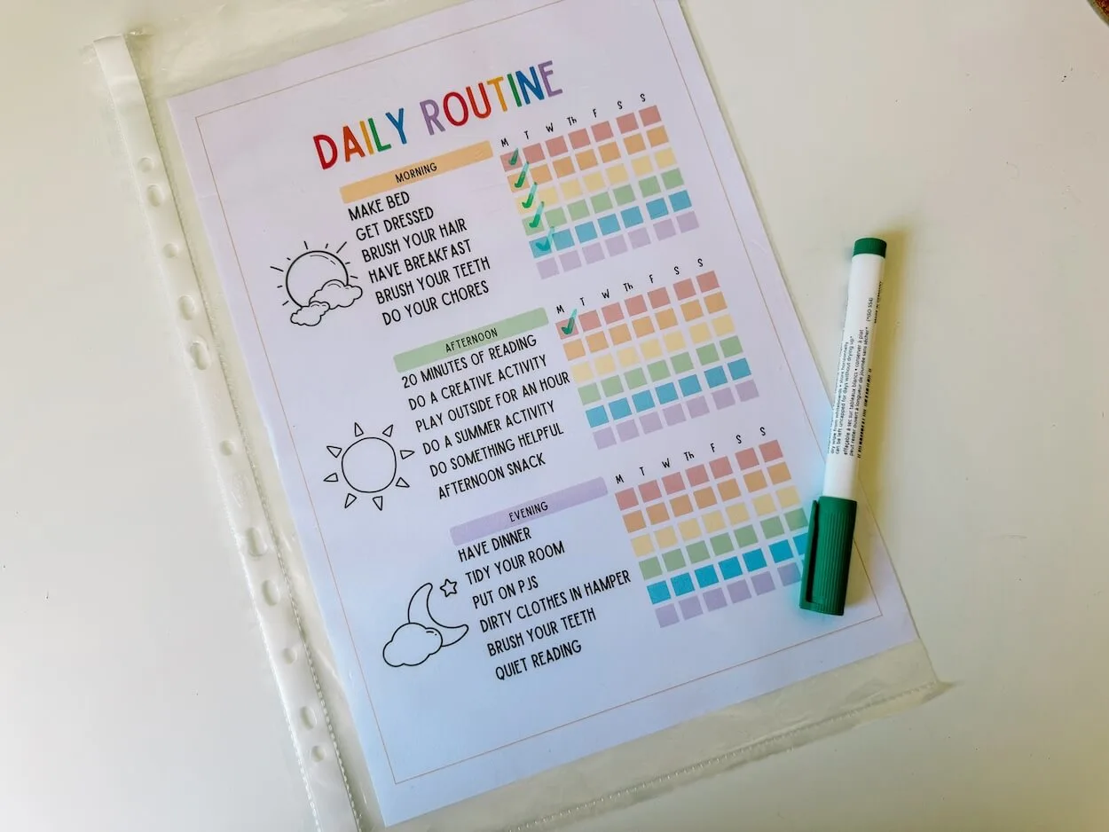 Daily routine checklist in plastic slip with dry erase marker.