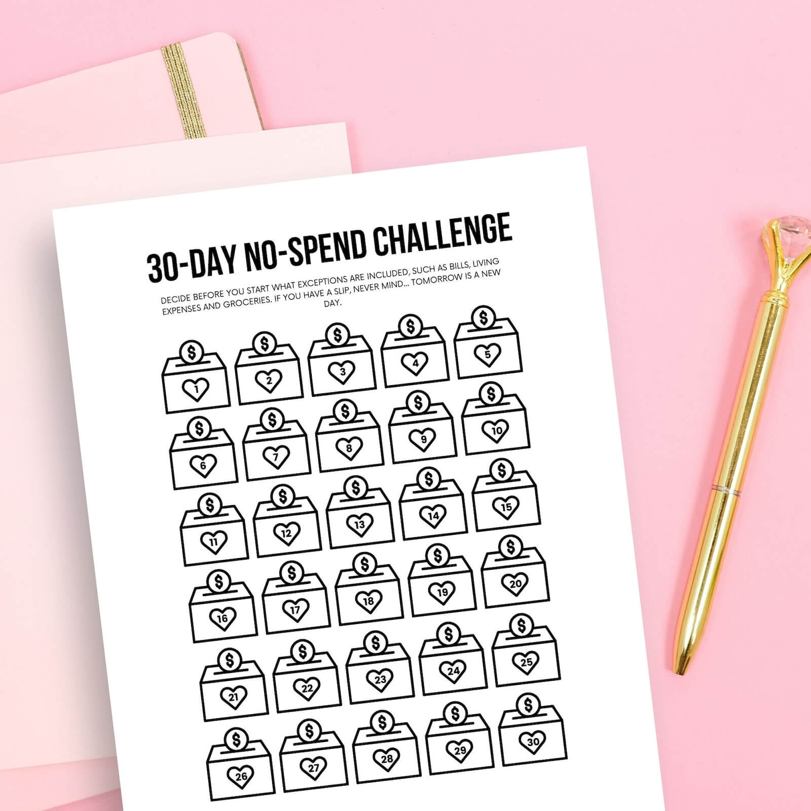 Printable 30-day no spend challenge tracker.